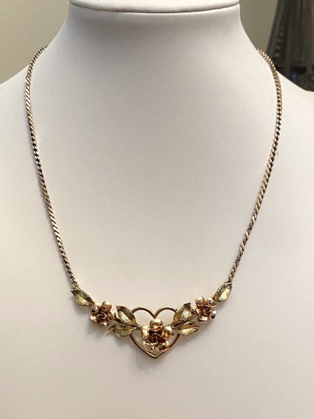 Vintage Krementz USA Gold Floral Heart Necklace Two-Tone Rose & Leaf Design